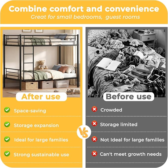 Bunk Bed Twin Over Twin, Metal Bunk Bed with Front Ladder and Safety Guardrail, Space-Saving Twin Bunk Beds for Kids, Teens & Adults, No Box Spring (Front Laddder, Black)