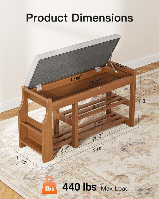 Pipishell 34″ Solid Pine Wood Shoe Rack Bench with Soft Cushion, 2 Tiers Shoe Storage Organizer with Lift-Top Storage and Side Holder, Holds up to 440 lbs, Shoe Bench for Entryway, Hallway, Bedroom