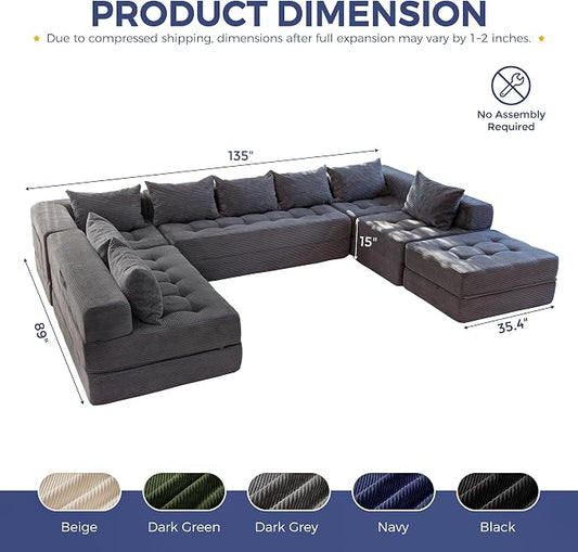 MAXYOYO Modular Sectional Sofa Couch, Foldable Oversized U Shaped Cloud Couch with Pillows, Tufted Boneless Lounger Floor Sofa Bed for Living Room, No Assembly Required, Dark Grey
