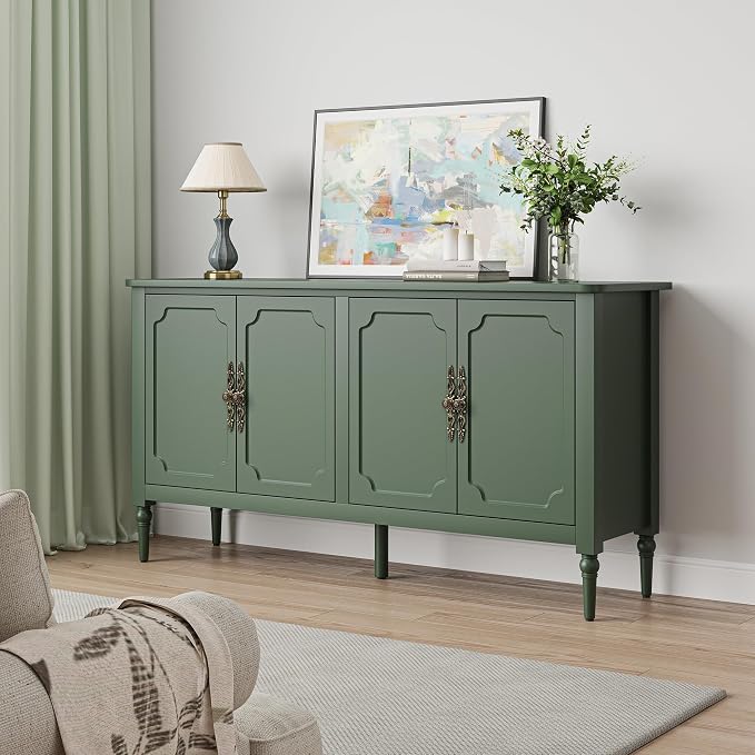 RoyalCraft 118" Buffet Cabinet with Storage, Vintage Sideboard with Adjustable Shelves, Mid Century Modern Painted Credenza Coffee Bar for Kitchen, Dining Room, Entryway, Living Room, Forest Green