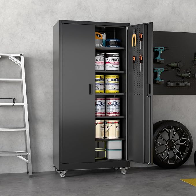 SUXXAN Heavy Duty Metal Storage Cabinet with Wheels and Pegboard, 71" Tall Industrial Steel Cabinet with 5 Adjustable Shelves & Locking Doors for Garage, Office, Pantry, Warehouse, Black