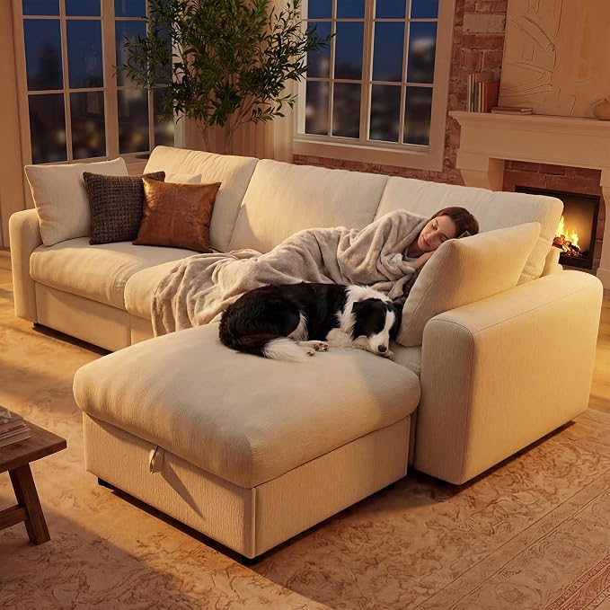 Ihanherry Cloud Sectional Couches for Living Room, 110" Large Modular Sectional Sofa with Wide Deep Seat, L Shaped Couch with Throw Pillow and Storage Ottoman, Beige