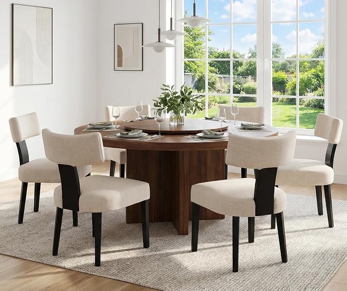 RIVOVA Mid Century Modern Dining Chairs Set of 6 Farmhouse Linen Fabric Upholstered Dining Room Chairs Kitchen Chairs with Curved Backrest Black Wood Legs, Beige