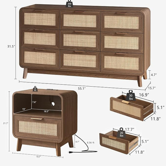 FORTUNETEC 55" Rattan 9 Drawer Dresser, Modern Farmhouse & Boho Wooden Chest of Drawers with Walnut Wood Grain, Multifunctional Storage Bedroom Set for Bedroom, Living Room, TV Stand