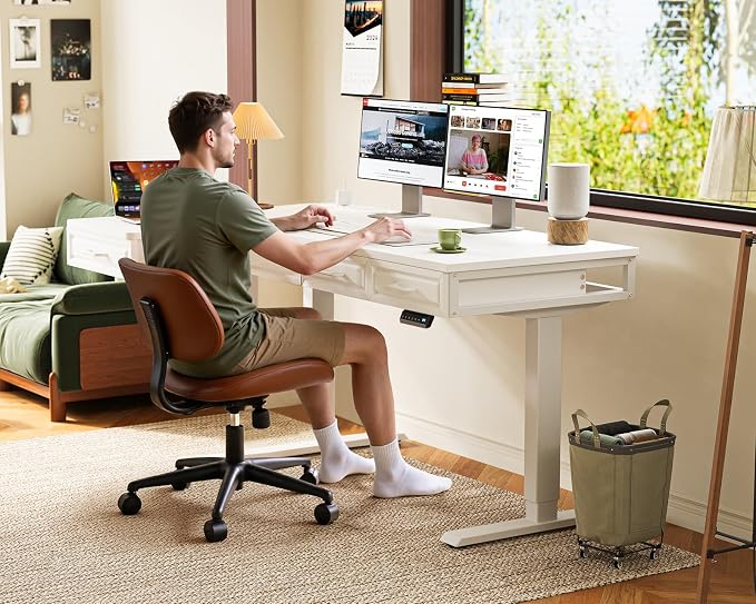 OffiGo L Shaped Electric Standing Desk with Wooden Drawers, 55 Inch Height Adjustable Corner Workstation with Power Outlets, Sit Stand Table for Home, Office, White