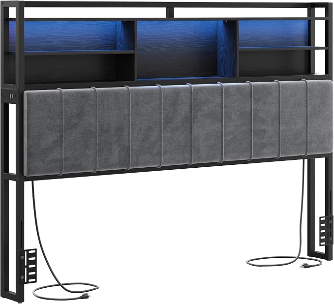 Hzuaneri Headboard with 3-Tier Storage Shelves, Velvet Upholstered Head Board with 2 Outlets, USB Ports & LED Light, Soft Backrest for King Size Bed, Black BH19404B