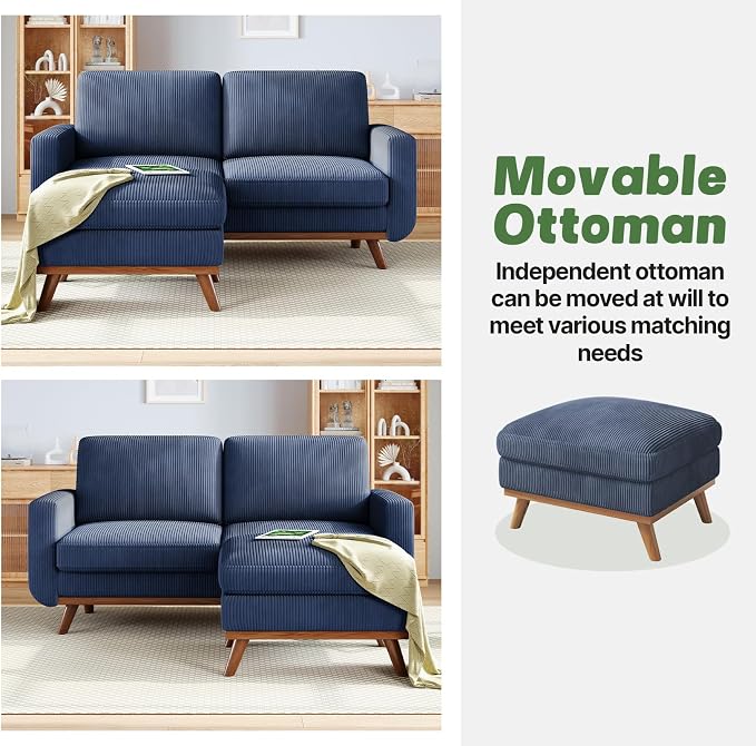 Vesgantti 68" Loveseat Sofa with Movable Ottoman, Comfy Corduroy Couch with Spring Cushion, Sofa Couch with Solid Wood, Modern Office Sofa with Deep Seat for Living Room and Bedroom, Dark Blue