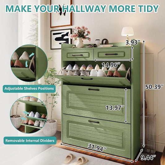 Shoe Cabinet with 3 Large Flip Drawers and 2 Storage Drawers, Narrow Shoe Organizer Cabinet Fits for Kinds of Shoes, Hidden Shoe Storage Cabinet for Entryway, Hallway, Green