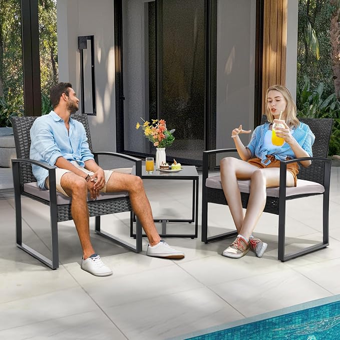 3 Piece Outdoor Wicker Bistro Set, Rattan Patio Conversation Set with Coffee Table & Washable Cushions for Porch Yard Balcony, Black/Grey