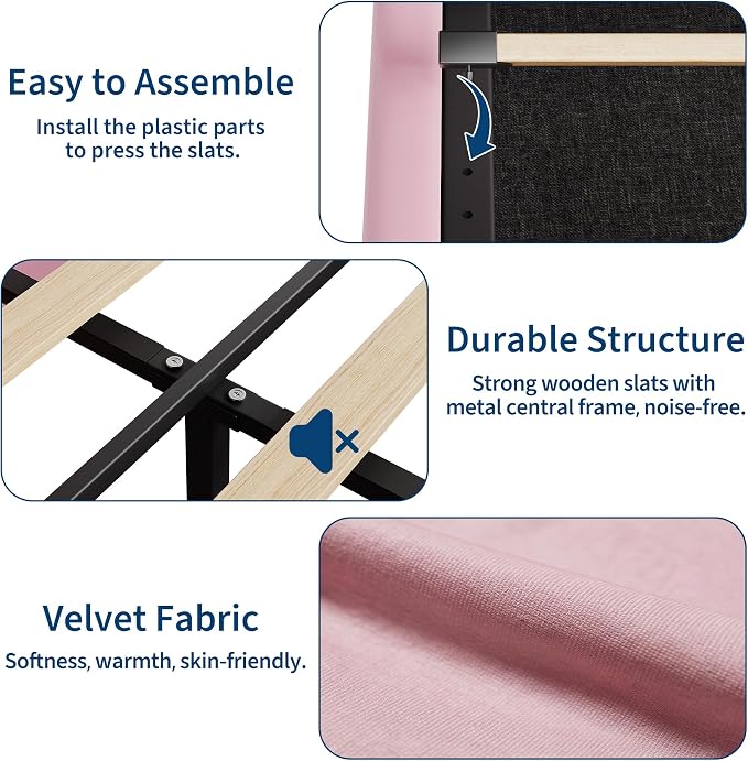 GarveeHome Twin XL Bed Frame with Storage Headboard, Kids Bed Frame with 2 Drawers, Velvet Upholstered Platform Bed Frame with Lights, No Box Spring Needed, Easy Assembly, Velvet Pink