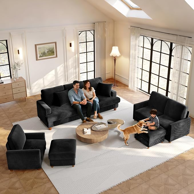 Welzona 70.2" Couches for Living Room, Comfy Black Couch 7.1" Extra Thick Cushion, Sofas for Living Room Tool-Free Setup, Loveseat Sofa 705lbs Support, Corduroy Couch for Bedroom, Apartment, Office