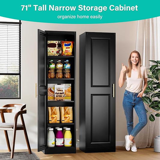 SISESOL 71" Tall Narrow Storage Cabinet with 1 Door and 5 Shelves,Slim Kitchen Pantry Cabinet,Black Metal Bathroom Cabinets,Large Cupboard for Home,Kitchen,Laundry,Bathroom