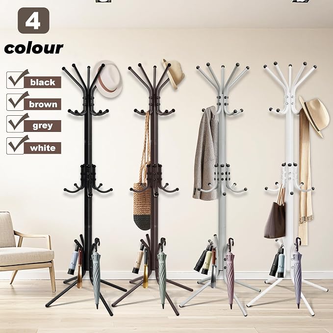 Metal Coat Rack, Freestanding Coat Tree & Hall Tree with 15 Hooks, Sturdy Coat Rack Stand and Hat Rack, Coat Hanger for Entryway, Bedroom, Office for Jackets, Hats, Bags,Black