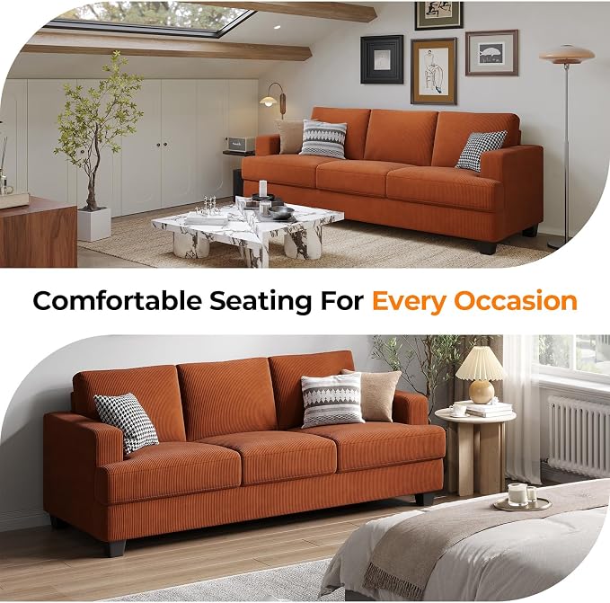COPIAE 89 Inch Sofa with Extra Deep Seats Oversize, 3 Seater Sofa for Living Room, Modern Couch and Sofa, Comfy Armrests and Seats and Backrests, Easy Installation, Corduroy Fabric Rust