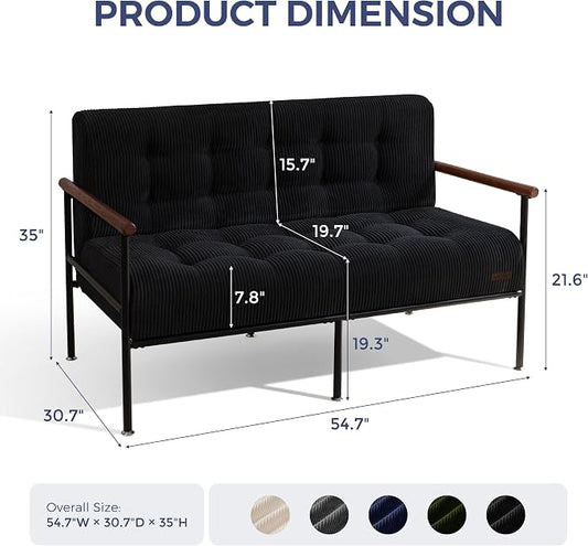 MAXYOYO Living Room Accent Chair, Loveseat Sofa Chair with Sturdy Metal Frame & Wood Armrests, Button Tufted Upholstered Small Couch Modern Love Seat for Bedroom Office, Black