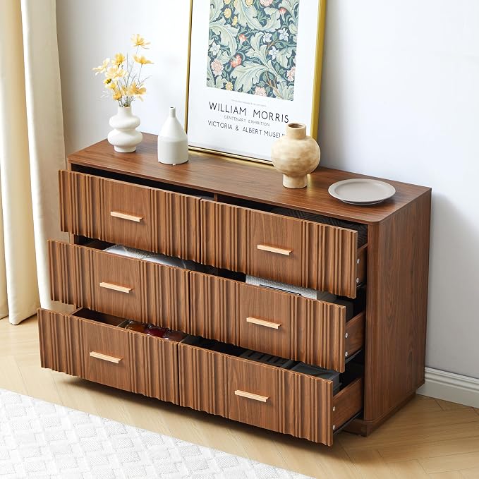 Fluted Double Dresser for Bedroom with 6 Drawers, 47" Wide Modern Chest of Drawers with Curved Profile Design, Wood Closet Clothes Storage Organizer Dresser TV Stand for Living Room, Hallway, Walnut