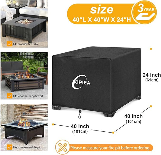 Kipiea Square Fire Pit Cover, Upgraded 600D Strong Tear Resistant, 40" L x 40" W x 24" H Super Waterproof Fire Pit Table Cover, UPF 50+ Outdoor Firepit Cover Square Fading Resistant