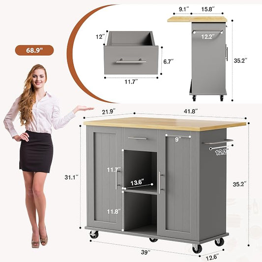 JY QAQA 42" Kitchen Island with Storage on Wheels, Rolling Table with Drop Leaf, Drawers, Cart Handle for Towel Rack or Free Movement, Gray