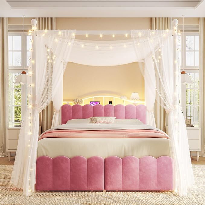 Homkdom Canopy Bed Frame Queen Size with Upholstered Storage Headboard and Charging Station & LED Lights, 2 Oversized Drawers,Heavy-Duty Support, No Box Spring,Quiet Sleep,Easy Assembly, Pink