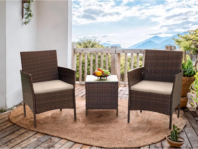 Flamaker Patio Furniture Set 3 Pieces All-Weather Rattan Outdoor Furniture Patio Chairs with Tempered Glass Table for Porch Bistro Balcony (Brown/Cream)
