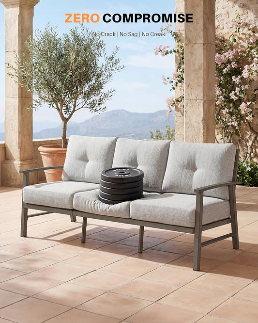 3 Seats Patio Furniture Sofa, Outdoor Aluminum Couch with 5.9'' Soft Cushion, 3-Seater All-Weather Outdoor Patio Furniture Sofa Couch for Balcony, Poolside, Lawn, Limed Oak