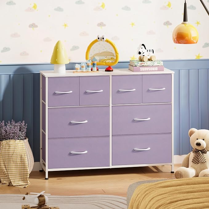 WLIVE Dresser for Bedroom with 8 Drawers, Wide Fabric Dresser for Storage and Organization, Bedroom Dressers, Chest of Drawers for Living Room, Closet, Hallway, Purple