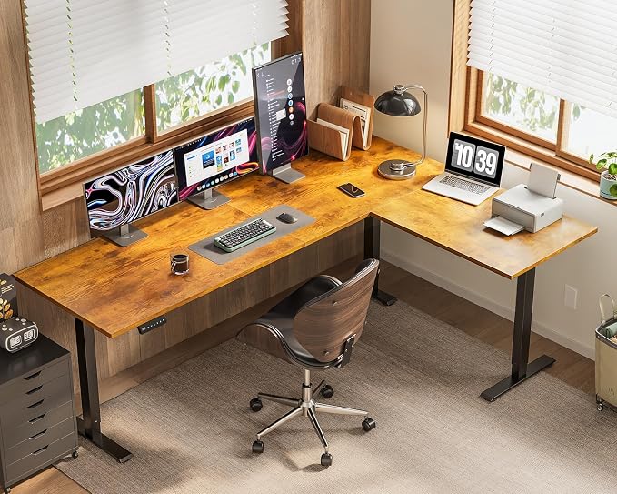 OffiGo 71 Inch Reversible L Shaped Electric Standing Desk, Height Adjustable Corner Stand up Desk, Ergonomic Large Lift Computer Table for Home, Office, Workstation, Rustic Brown