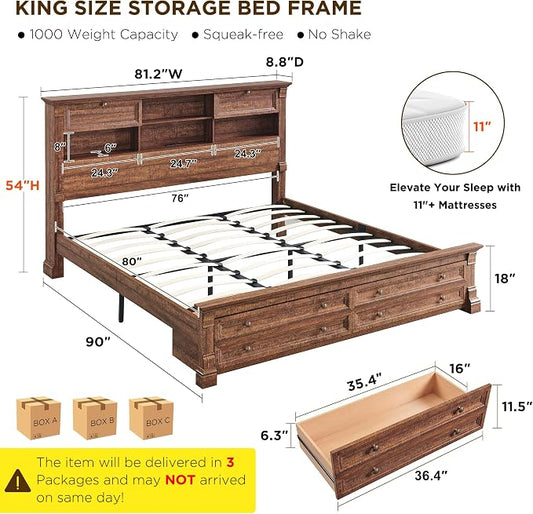 Farmhouse King Size Bed Frame with 54" Tall Headboard, Headboard with 4 Storage Rack, 2 Drawers, Wood Platform Bed Frame,18" Roman Column Decoration Footboard, No Box Spring Needed(Reclaimed Barnwood)