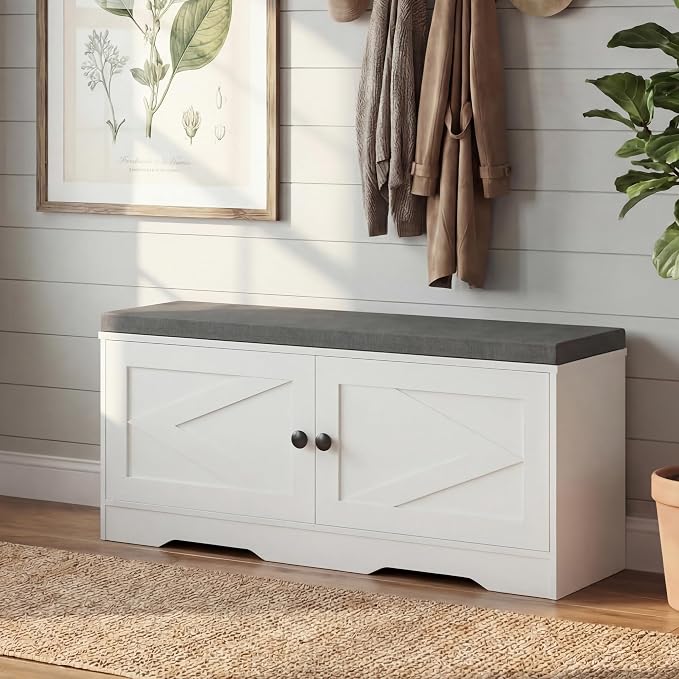 Apicizon Shoe Storage Bench, 2 Tier Entryway Bench with Padded Seat Cushion, 2 Barn Doors, Adjustable Shelves, 39.37" Shoe Bench with Storage for Entrance Hallway Bedroom Living Room, Beige White
