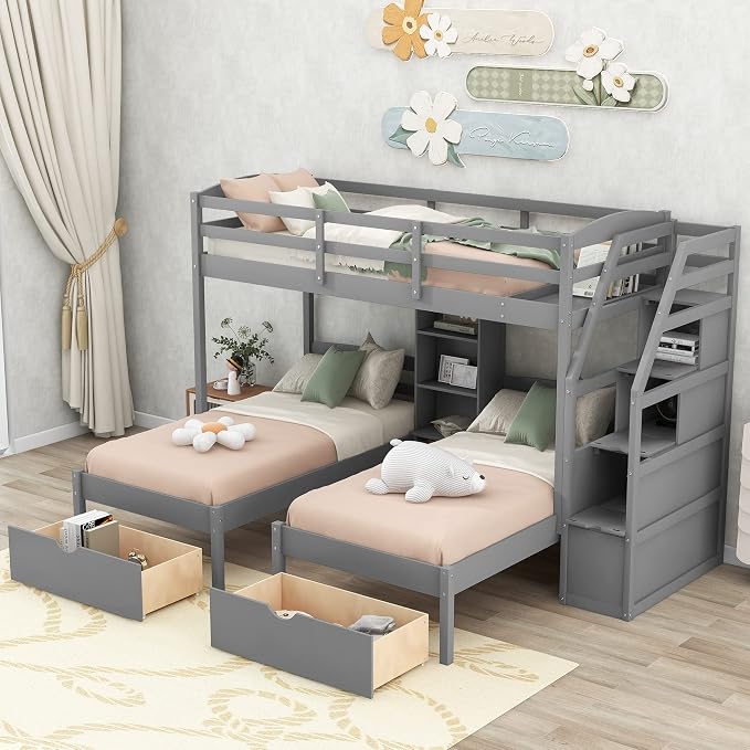 VilroCaz Twin Size Triple Bunk Bed with Drawers and Staircase, Solid Wood Bunk Bed Frame with Safety Full-Length Guardrail and Built-in Shelves, 3 Beds in 1 for Kids Teens Adults