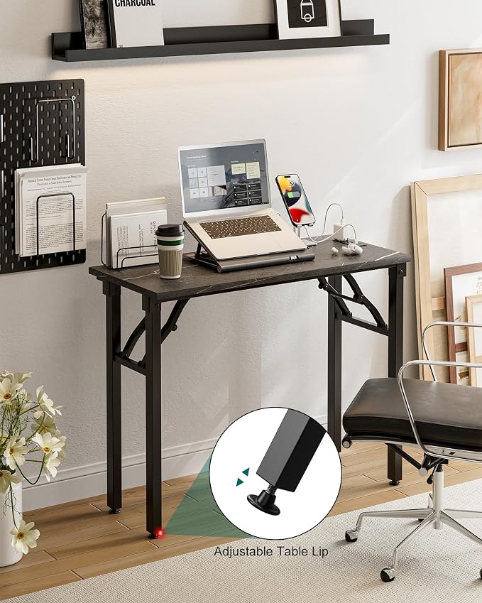 Frylr Small Folding Computer Desk β 35.8 Inch Portable Table for Craft and Study, Lightweight Desk for Small Spaces, Foldable Laptop Table Built-in AC/USB Outlets for Convenience, Marble Greige