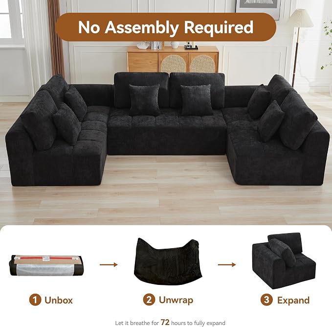 140''Modular Sectional Couches for Living Room, Cloud Boneless Compressed Sectional Sofa, Oversized U Shaped 6 Seater Upholstered Memory Foam Sofa, No Assembly, Chenille Black