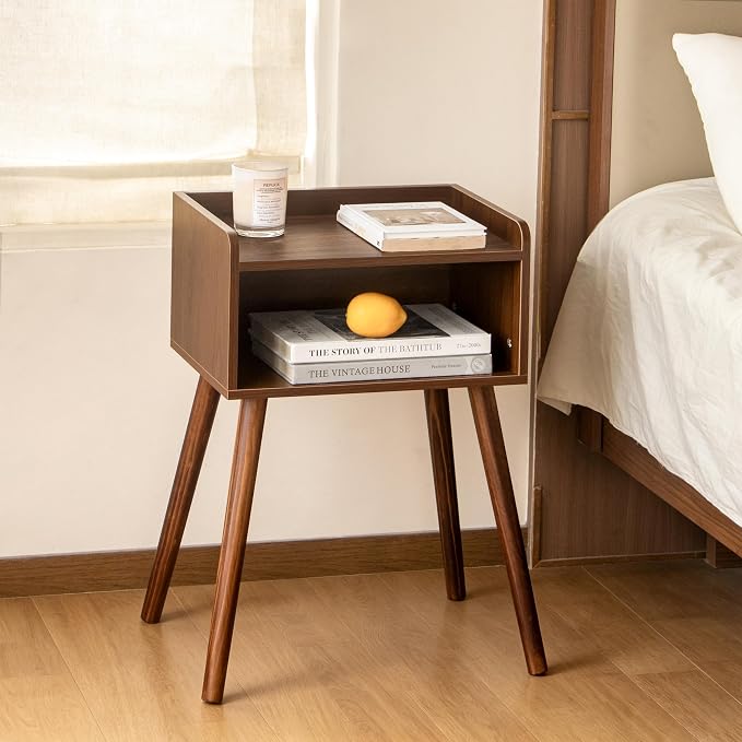 MaxSmeo Small Nightstand, Mid Century Modern Side Table Bedroom with Storage, Small End Bedside Table with Solid Wood Legs for Living Room, Office(Walnut Brown)