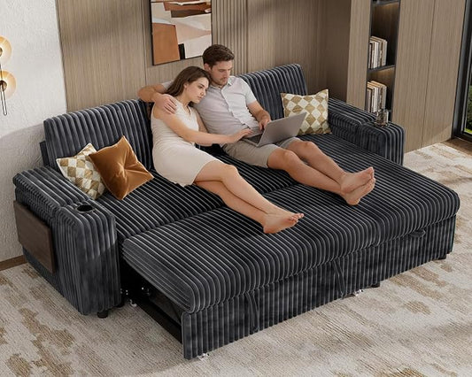 Vipbear 86" Modular Sectional Sleeper Sofa with Pull Out Bed, 3 Seat Plush Corduroy L Shaped Couch with Storage Chaise|USB Ports|Cup Holders|Side Table|Storage Armrests, Tool Free Assembly, Grey