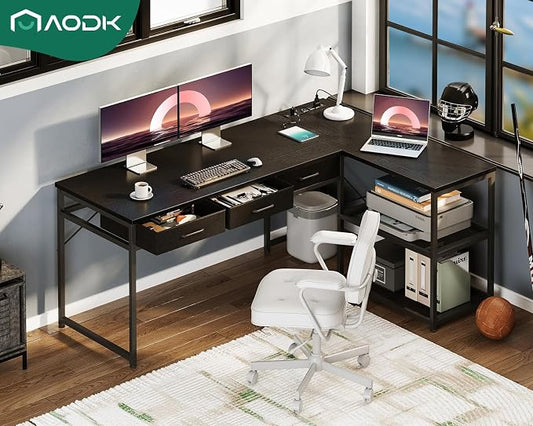 AODK 61 Inch L Shaped Computer Desk with Drawers, Corner Desk with Power Outlets & Reversible Storage Shelves, for Home Office Gaming, Black