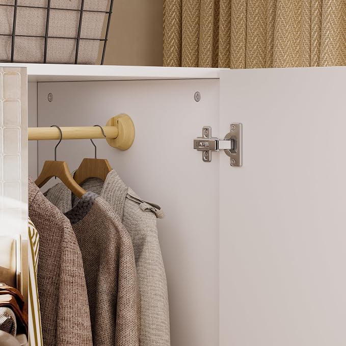 PAKASEPT 4 Doors Armoire Wardrobe Closet with Led Light & Mirror, Bedroom Large Capacity Freestanding Armoire Wardrobe with Drawers, Storage Cabinet with Hanging Rod Storage Closet for Bedroom