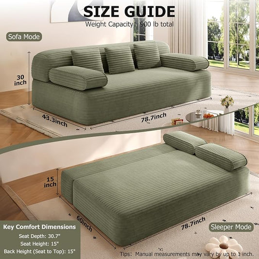 78.7" Queen Sofa Bed, Corduroy Boneless Couch in a Box, No Assembly | 30.7" extra-deep seat converts to a 78.7" x 60" queen sleeper with 3 pillows, no assembly, ideal for small spaces, Green