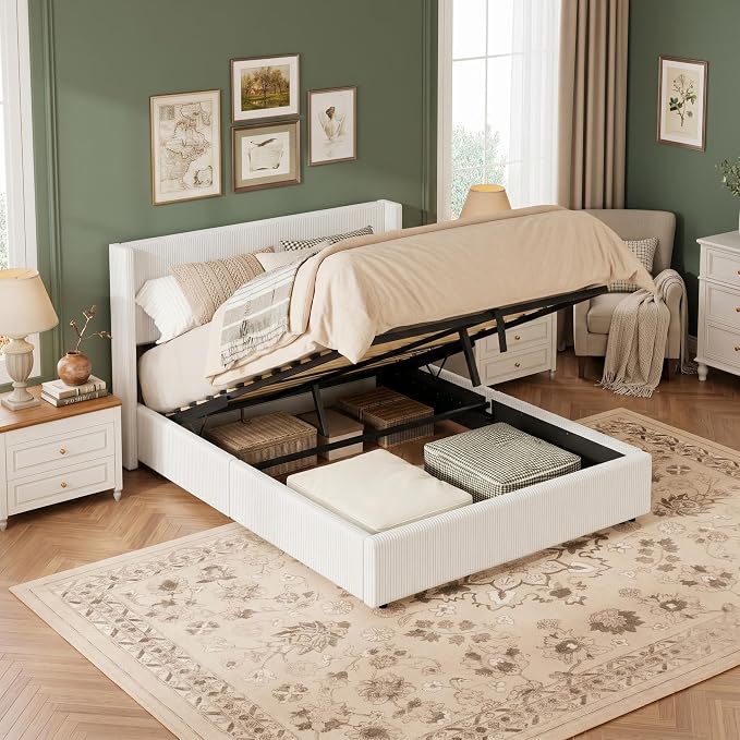 Garvee Queen Lift Up Storage Bed Frame, Corduroy Upholstered Platform Bed with Gas Lift, Padded Headboard, Wooden Slat Support, No Box Spring Needed, Easy Assembly, White