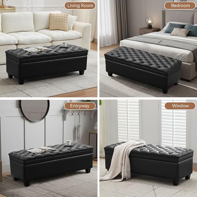 WUTUTUEE 50" Faux Leather Storage Ottoman Bench, End of Bed Upholstered Rectangle Storage Ottoman Tufted Living Room Bedroom Bench with Safety Hinge, Solid Wood Legs, Loads 500 lb(Black)