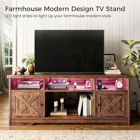Casaottima TV Stand for 65 Inch TV, Farmhouse Entertainment Center with Power Outlet & LED Light and Storage Cabinets, Console Table and Media Furniture for Living Room Bedroom, Walnut