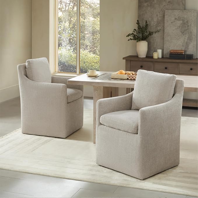 KISLOT Upholstered Dining Chairs with Casters, No Assembly Modern Accent Armchair with Rollers for Dining Room, Bedroom, Living Room, Reading Room, Already Assembled, Sand, 4 Box