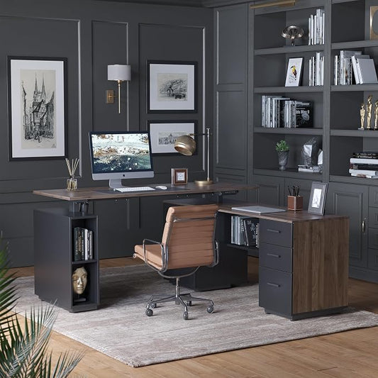 FEZIBO 63" L Shaped Standing Desk with Storage, Executive Height Adjustable Table, Deep Wood Grainy