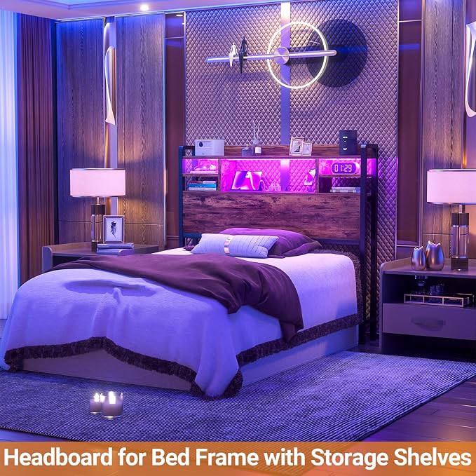 Aheaplus Headboard for Twin Size Bed with Storage, Headboards with LED Light, Power Outlets, USB Ports Twin Size Head Board, Wood headboard Only Sturdy and Stable Headboards, Rustic Brown