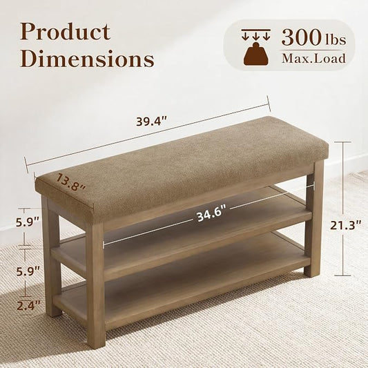 Zihanhome 2 Tier Shoe Rack Bench with Cushion, Solid Wood Shoe Benches, Mid-Century Modern Shoe Storage Bench for Entryway, Hallway, Living Room, Closet, Front Door Entrance, (Brown, 39.4")