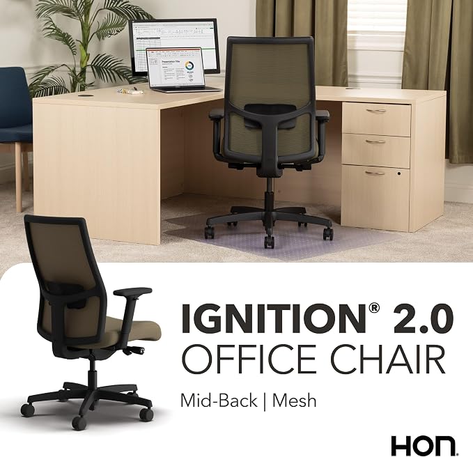HON Ignition 2.0 Mid‑Back Ergonomic Office Chair, Mesh Task Seating with Lumbar Support, Advanced Synchro‑Tilt, Height and Width Adjustable Arms, Black Frame, Quicksand