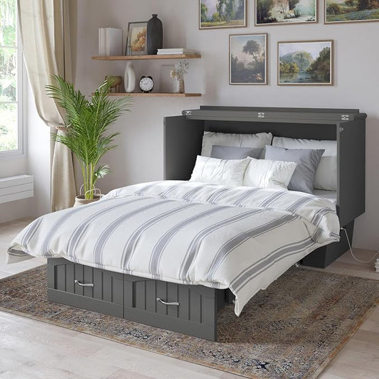 AFI, Nantucket Full Size Murphy Bed Chest with Mattress, Storage Drawer and Built-in USB Charger, Grey