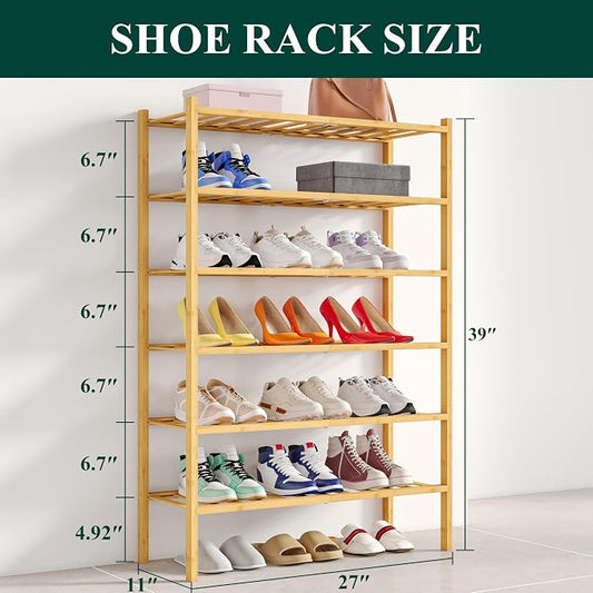 Smiry Bamboo Shoe Rack, 6 Tier Free Standing Wooden Shoe Organizer, Stackable Wood Shoe Storage Shelf for Closet, Entryway, 12 Vertical Slats, 2+2+2 Stack Standard Legs, 26.8"x11"x39", Natural