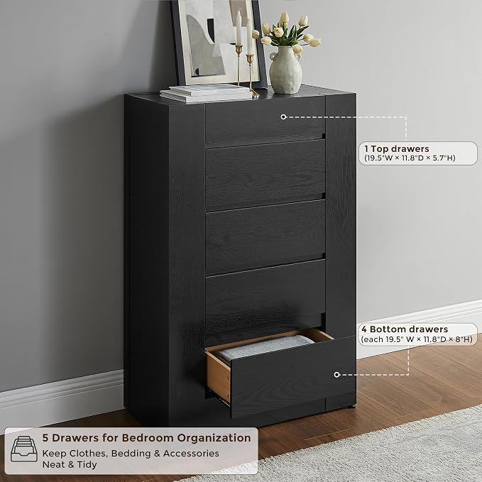 OKD 5 Drawer Dresser for Bedroom, 48" Tall Dresser Chest of Drawers with Thick Wood Design, Handleless, Modern Bedroom Dresser, Storage Organizer for Living Room/Entryway, Black Oak