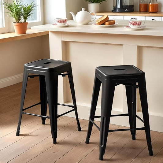Furmax 24 Inch Metal Bar Stools Set of 4, Counter Height Bar Stools Height High Backless Stools Industrial Stackable Bar Chairs for Dining Room Kitchen Indoor Outdoor Stools Bar Chairs (Black)