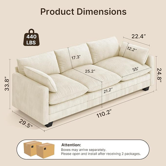 Gizoon 3 Seater Couches for Living Room, Cloud Sleeper Sofa with Double Cushion Corduroy Deep Seat Sofa Couches with 2 Pillows for Living Room Bedroom and Apartment,Pet-Friendly Fabric, Beige